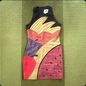 Embroidered Fruit-Themed Linen Dress with Vibrant Colors